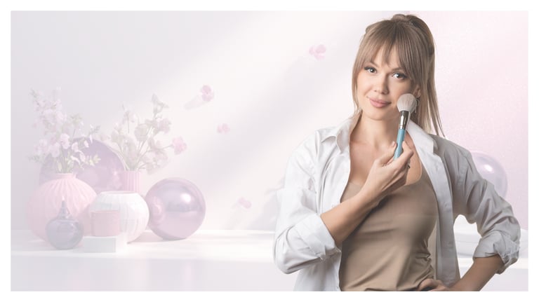 Smiling woman applying makeup with a cosmetic brush against a soft pink aesthetic background.