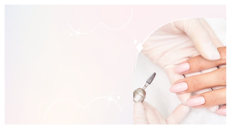 Professional nail technician using an electric nail drill on light pink manicured fingernails.