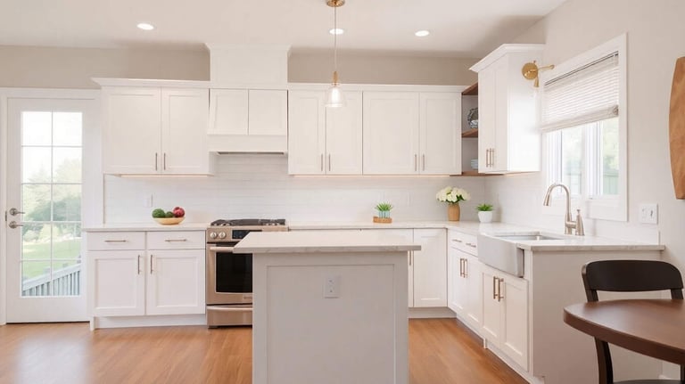 white cabinets with quartz countertops and gold accents