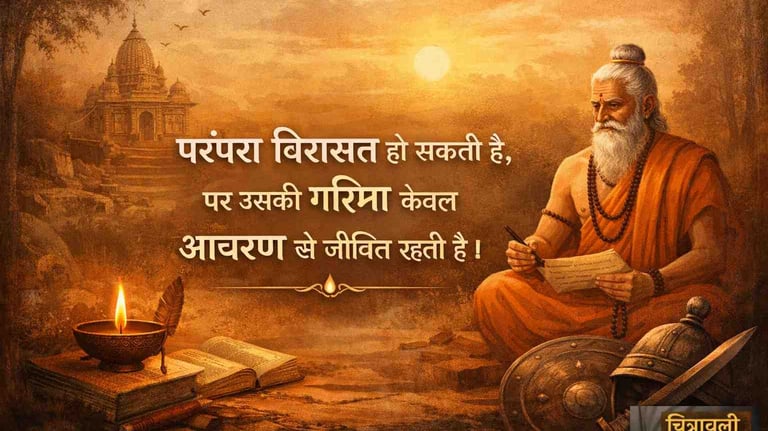 परंपरा और आचरण पर आधारित उद्धरण के साथ भारतीय सांस्कृतिक प्रतीकात्मक चित्र — ऋषि, दीपक और ज्ञान का वातावरण