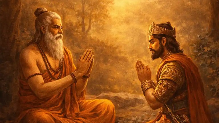 भारत की ऋषि परंपरा का प्रतीकात्मक चित्र जहाँ एक ऋषि राजा को धर्म और विवेक की शिक्षा देता हुआ दिखाया गया है