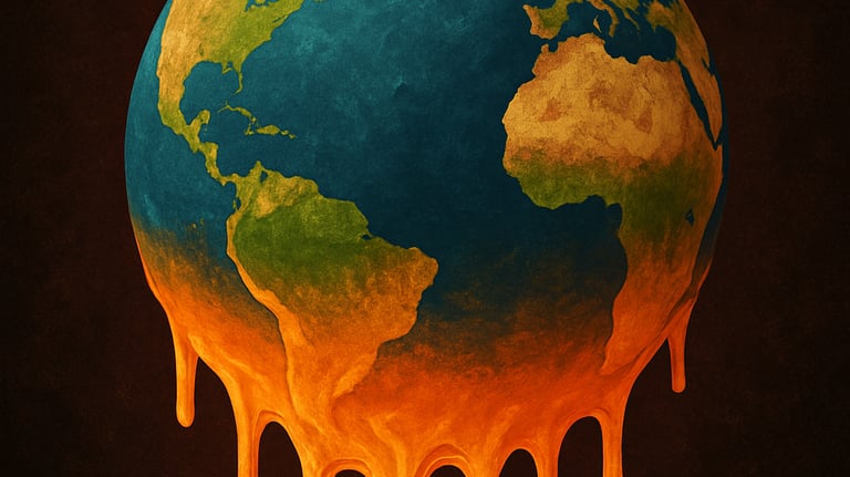 #पिघलता हुआ ग्लोब (Earth Melting)  दृश्य: धरती की गोल आकृति मोम की तरह पिघल रही है, नीचे पानी टपक रह