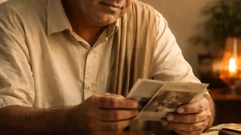 Indian man viewing old photographs and documents, blurred clock in background, calm introspective mood, warm neutral tones.