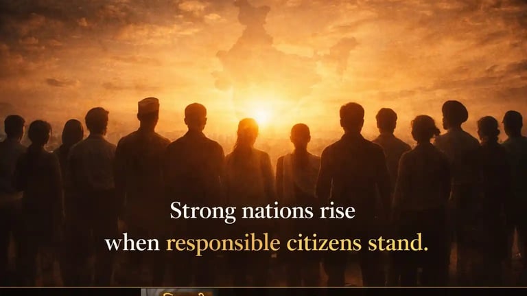 Silhouettes of diverse Indian citizens united under sunrise, symbolizing civic responsibility and peace building.