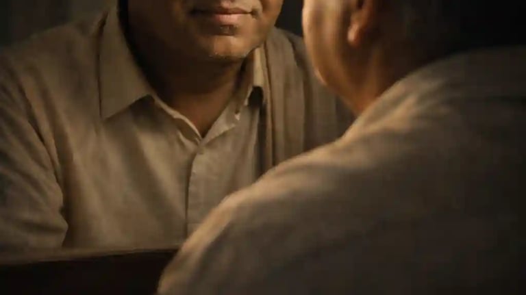 Indian man looking at his reflection in a mirror, half face in light and shadow, emotional depth and inner strength.