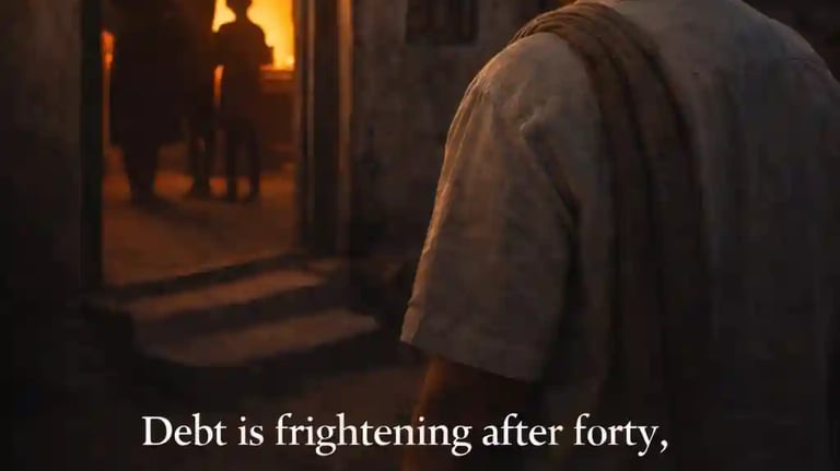 Indian man standing outside a modest home at dusk, family silhouettes inside, sense of responsibility and concern.