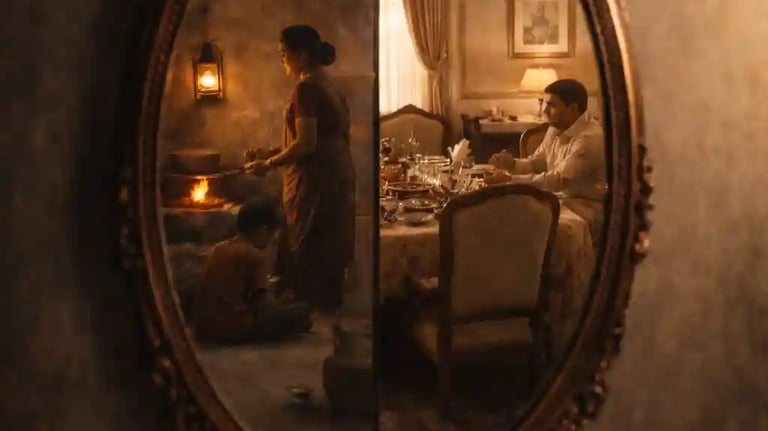 Indian household reflected in a mirror showing simple life and luxury contrast, symbolic view of debt and truth.