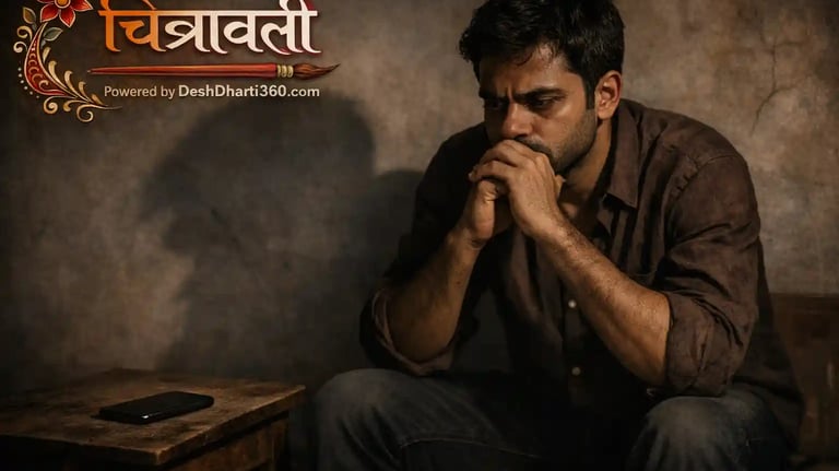 Indian middle-aged man sitting alone in a dimly lit room with a silent mobile phone on a wooden tabl