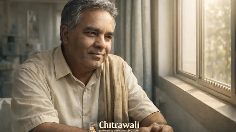 Middle-aged Indian man sitting by a hospital window with soft sunlight, thoughtful expression, subtle medical setting.