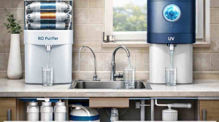 RO और UV जल शुद्धिकरण प्रणाली की तुलना दिखाता घरेलू सेटअप