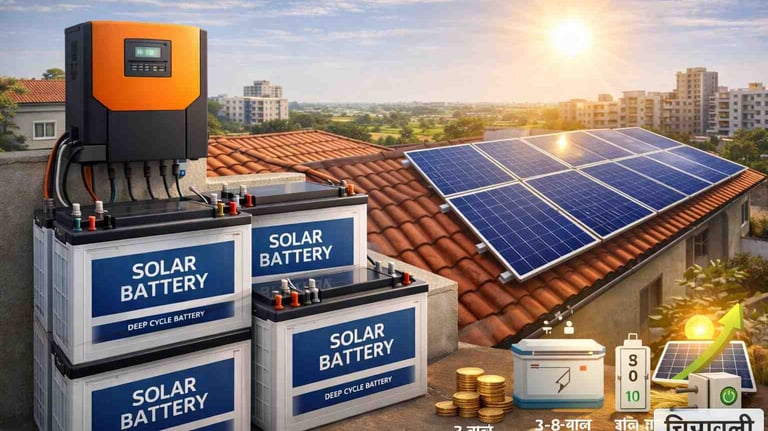 घर की छत पर सोलर पैनल के साथ सोलर बैटरी और इन्वर्टर सिस्टम