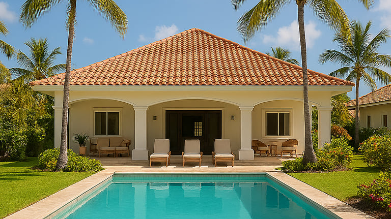 a house with a pool and palm trees