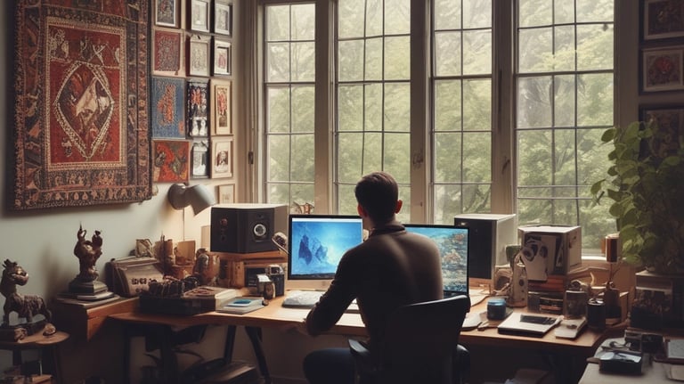 A person working at a music production setup with a large monitor displaying music editing software. The room has dim lighting with a red lamp casting a warm glow. Various studio equipment and accessories, such as a keyboard and mixing console, are present.