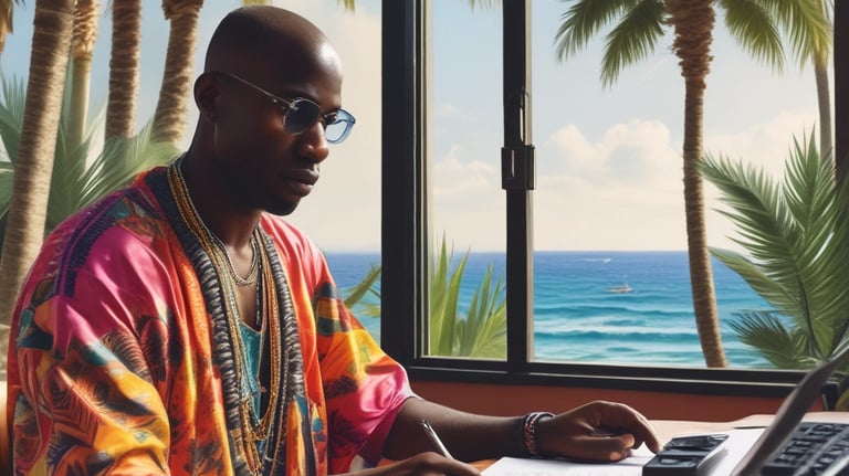 A person with long hair tied back operates music production equipment, including an AKAI MPC and a laptop, in a studio setting. Additional equipment like a turntable and speakers are visible, with various items such as a jar and pens placed on a desk.