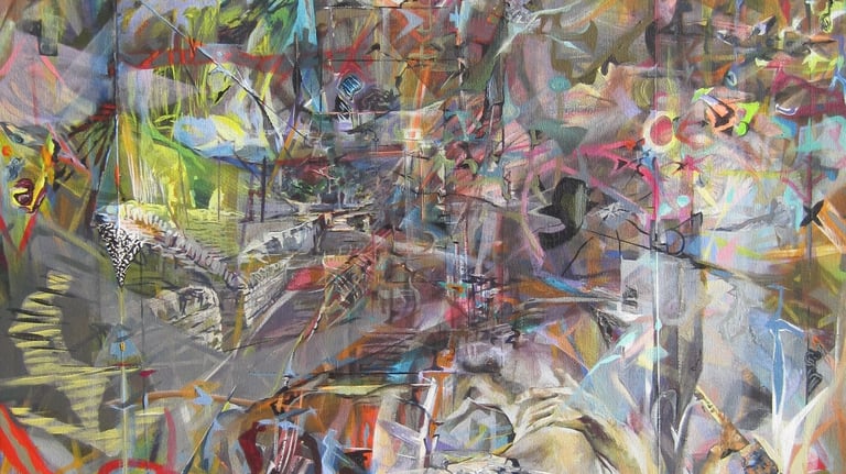 Oil painting on canvas with transparent illusions some from depicted realism and others from an abstract langusge.