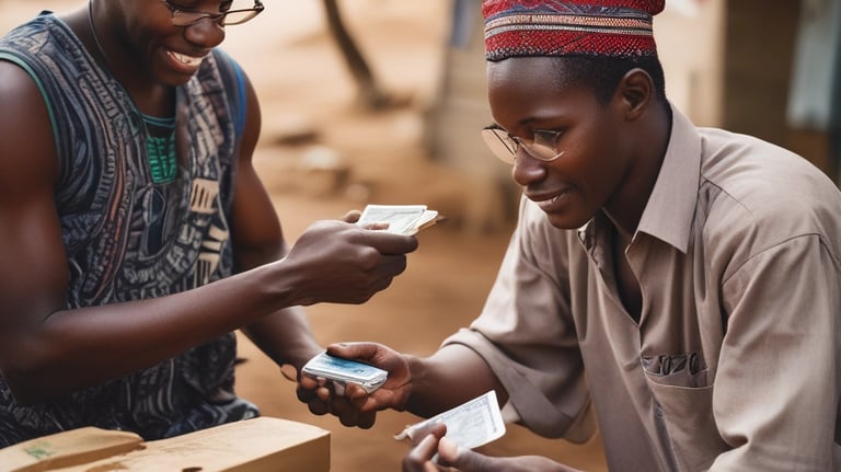 A person holding a tablet with a digital interface displaying a transaction completion message. Various denominations of U.S. currency are laid out on the counter in front of the tablet.