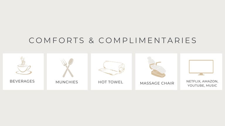 complimentary beverages, snacks, hot towel, massage chair, netflix, amazon, spotify, youtube