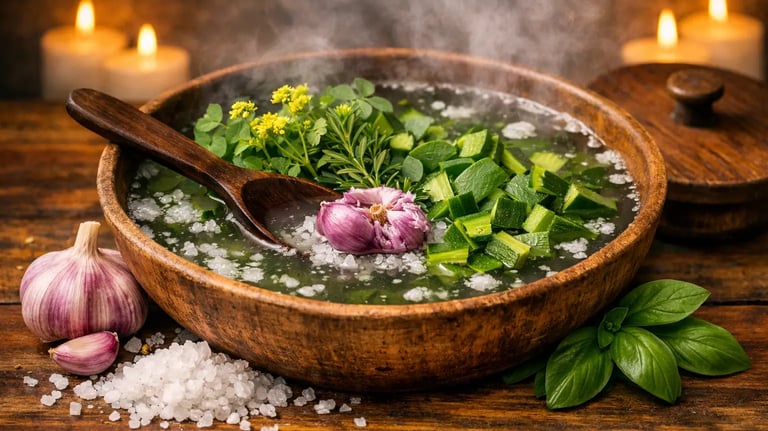 Tigela com ervas, alho fresco, sal grosso e ingredientes naturais usados em banho espiritual.