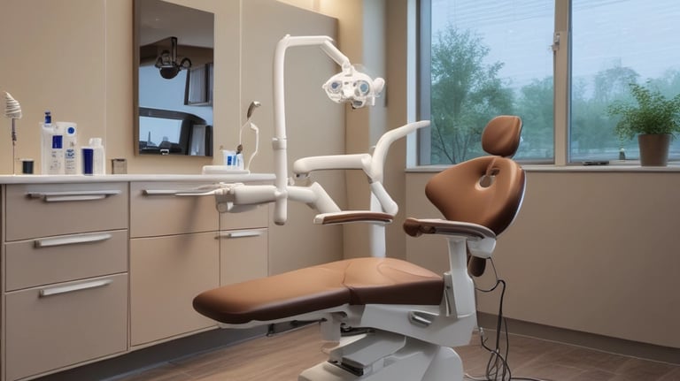 A clean and modern dental office with a dental chair, stools, and various dental equipment in shades of white and teal. The room features a framed artwork, some potted plants, and a bench along one wall. The environment is well-lit with overhead lighting, and there are multiple cabinets and drawers for storage.