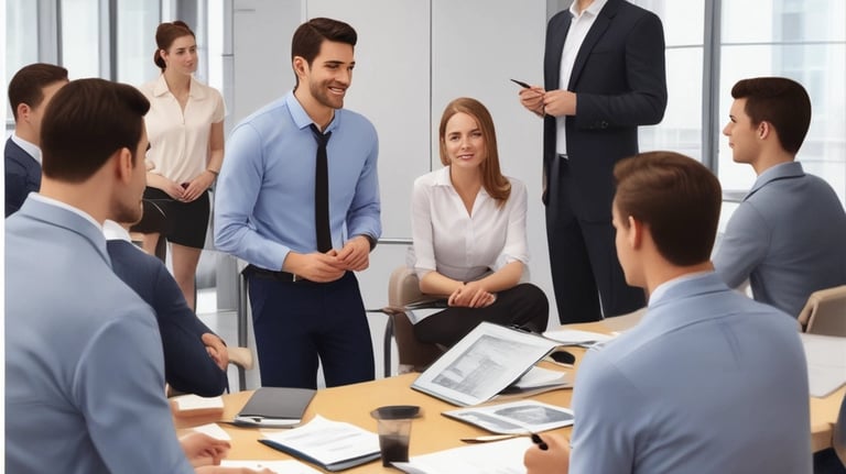 A group of people is engaged in a training session in a conference room setting. A presenter is standing and holding a sheet of paper, addressing the group seated at a round table. The attendees are actively listening, and there's a banner in the background advertising UX training. The room is well-lit, with a flipchart visible at one side.