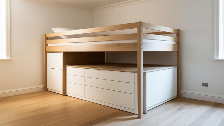 a bunk bed with a desk and storage
