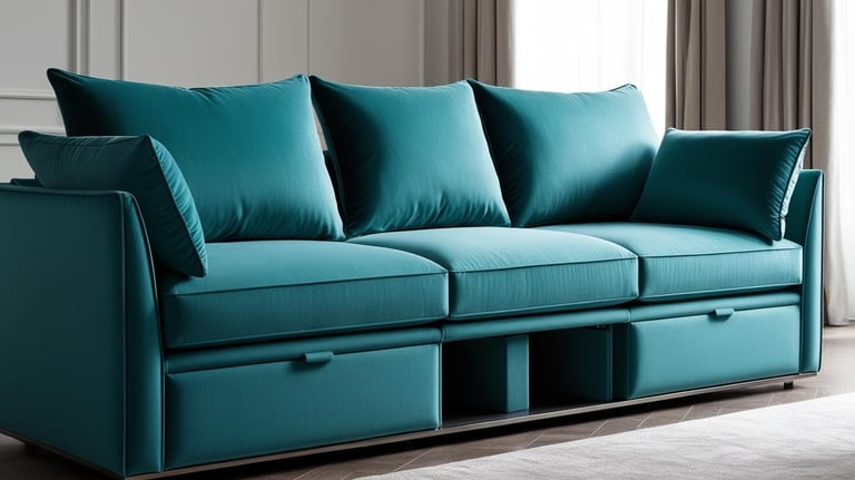 a couch with a blue couch and pillows with in built storage