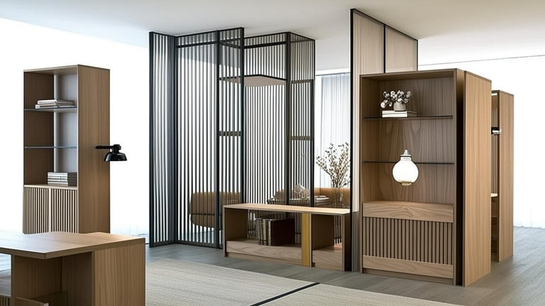 book shelf partitions in living room