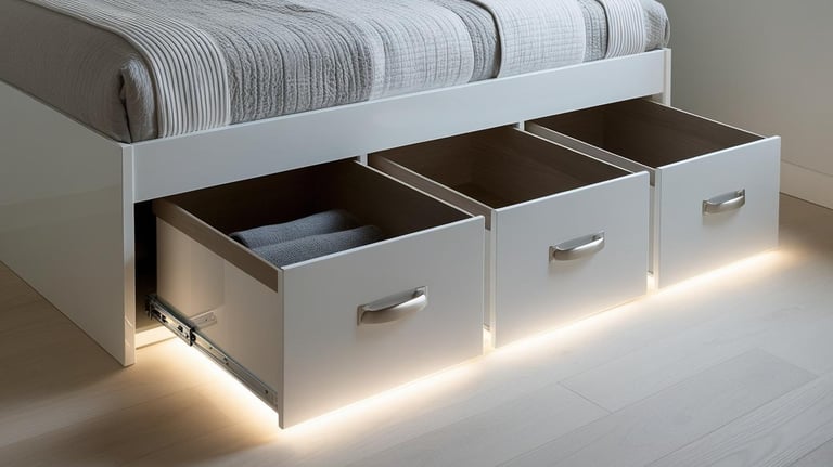 a bed with drawers underneath a bed with drawers and led lights