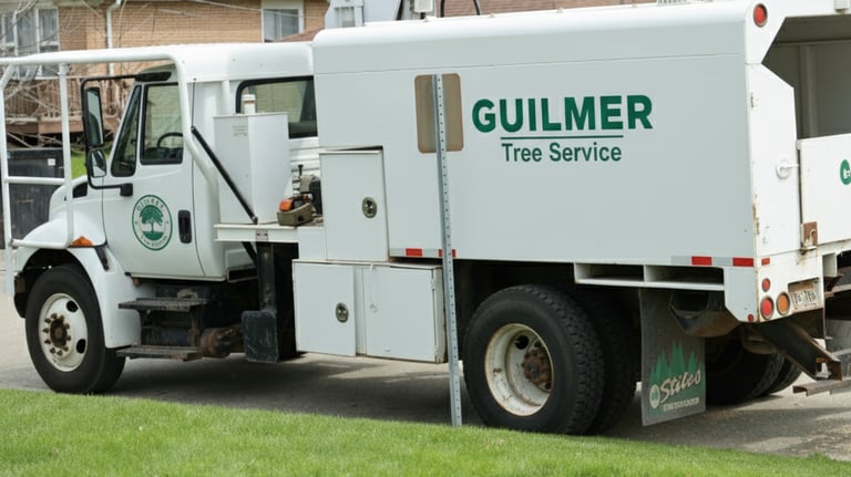 a utility truck with a utility truck parked in front of a house