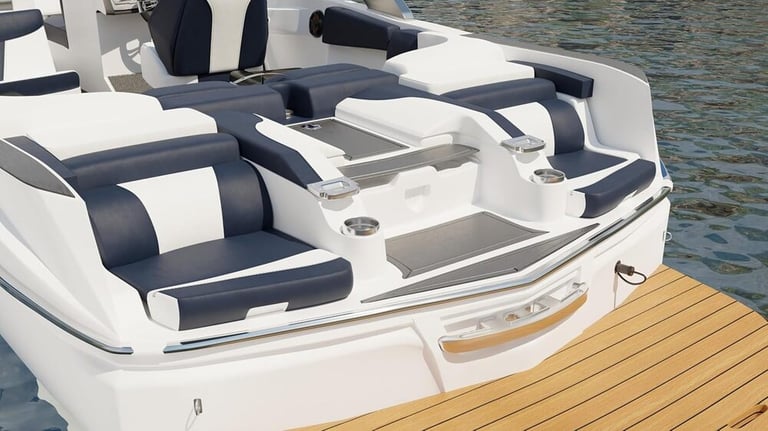 luxury boat with black and white vinyl upholstery 