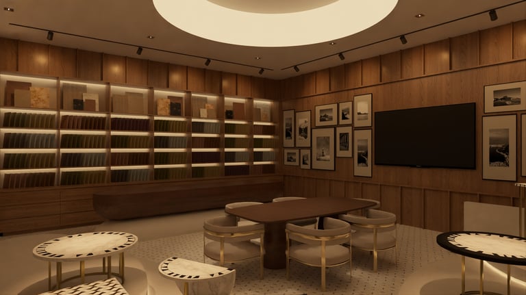 Experiential showroom interior in Dubai showcasing warm timber finishes and curated art displays