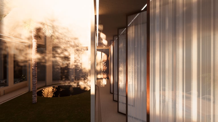 Sunlit courtyard with palm tree, UAE sustainable home