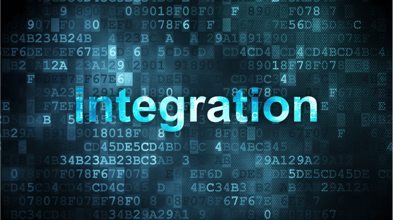 a blue and white image of a word that says integration