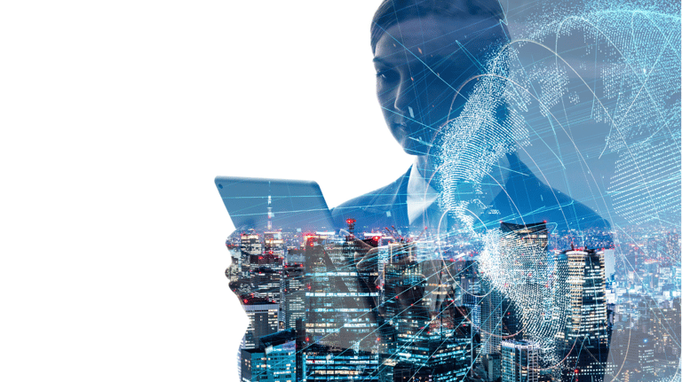 a man in a suit and a cityscape with a cityscapeople