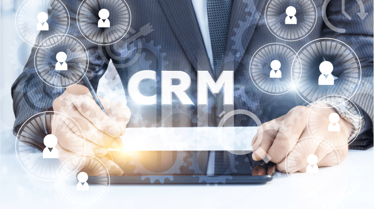 a man in a suit and tie is holding a tablet with a crm on