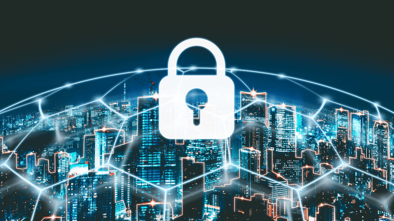 a cityscape with a lock on it and a lock on the top of