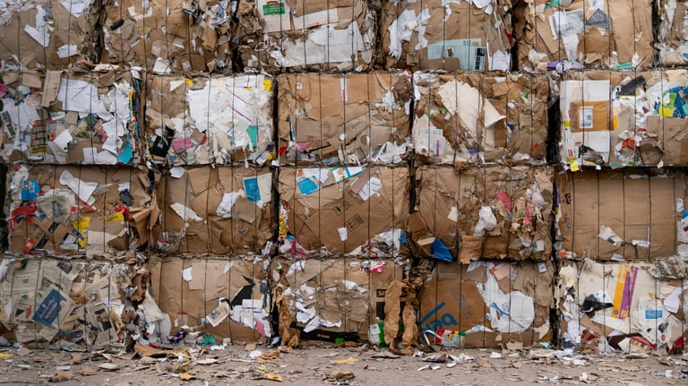 Stacked bundles of waste like paper or textiles