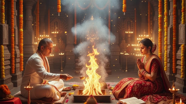 Puja thali arranged with kumkum, rice, diya, and flowers