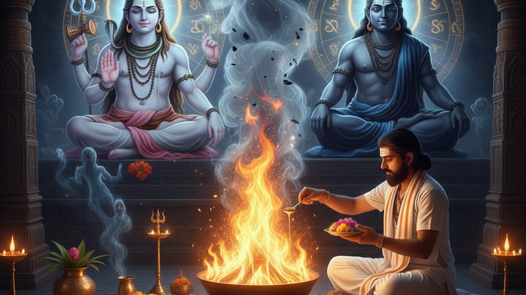 Navgrah puja arrangements with deities and offerings