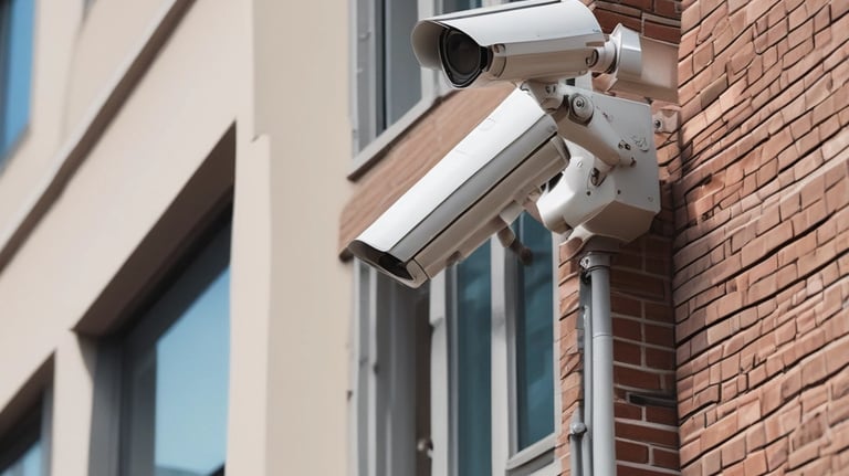 Worker painting a tall building facade using rappelling gear