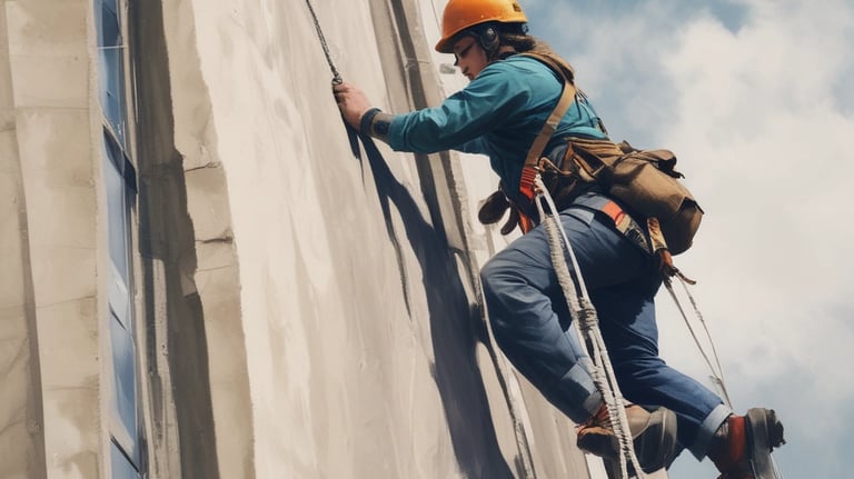 Worker painting a tall building facade using rappelling gear