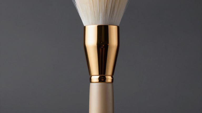 A high-end beauty applicator brush with a gold handle and white bristles, standing upright. The background is a soft-focus dark gray. Minimalist and luxury design.