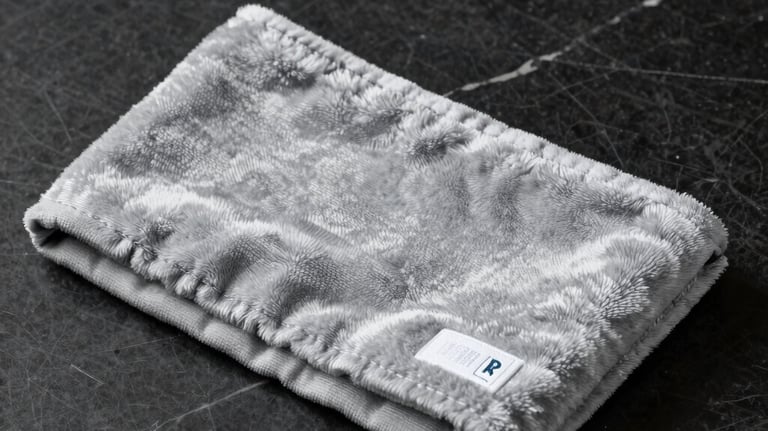 A plush, branded headband in silver-gray fabric, neatly folded on a dark marble surface. Clean, modern beauty product photography.