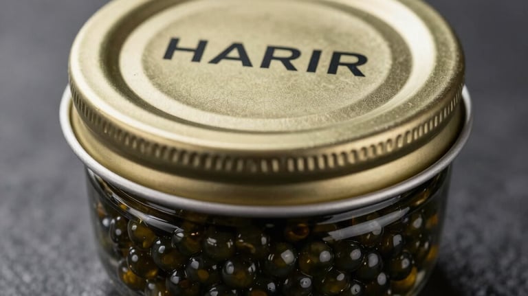 A macro photograph of a premium HARIR caviar vial with a metallic gold cap. The glass reflects a sophisticated dark environment. Professional product photography.