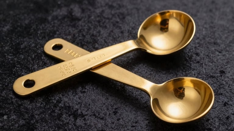 Two elegant gold-plated measuring spoons resting on a dark velvet surface. Luxury aesthetic, North American / Western European style lighting.