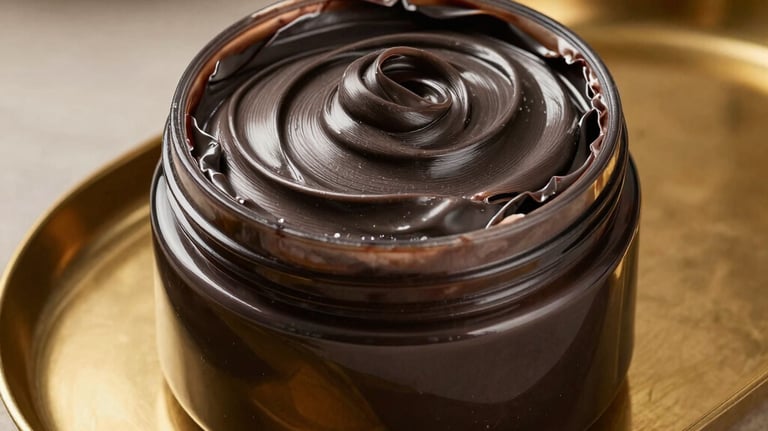 A luxurious silk hair mask in a rich charcoal color, resting on a polished gold tray. Studio lighting, elegant composition, North American / Western European aesthetic.