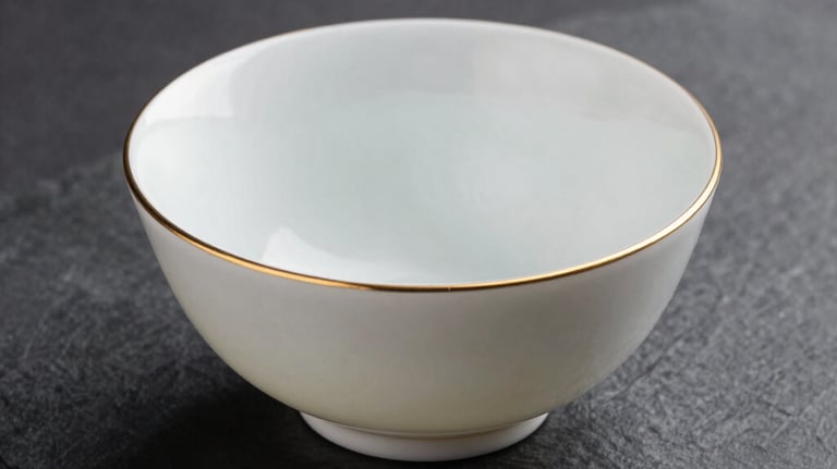A small, elegant ceramic mixing bowl with delicate gold trim, placed on a dark slate background. Soft, diffused lighting, high-end beauty brand photography.
