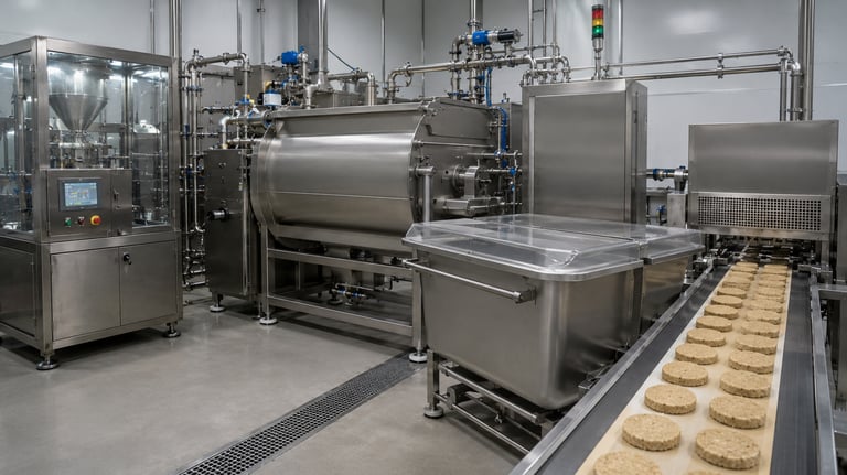 Stainless-steel protein mixing and forming line producing raw plant-based burger patties in a modern food factory