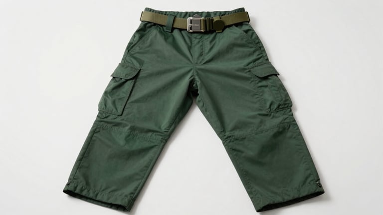 A pair of dark green uniform pants and a sturdy scout belt laid out flat on a clean white surface, professional product photography.