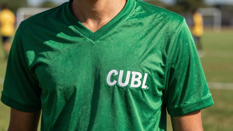 A vibrant green field shirt for informal activities, featuring the club name, worn by a young person during an outdoor activity in Brazil.
